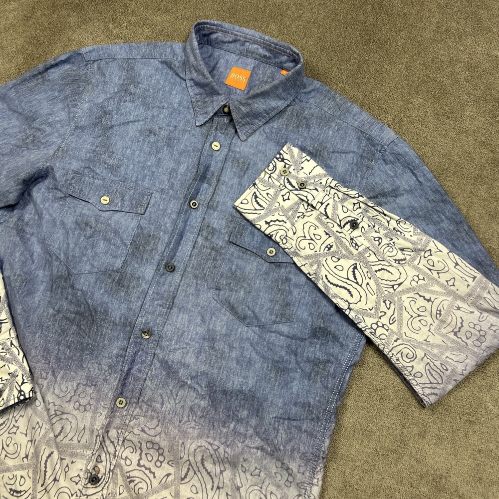Hugo Boss Shirt Mens Large Button Up Long Sleeve Abstract Cotton Casual